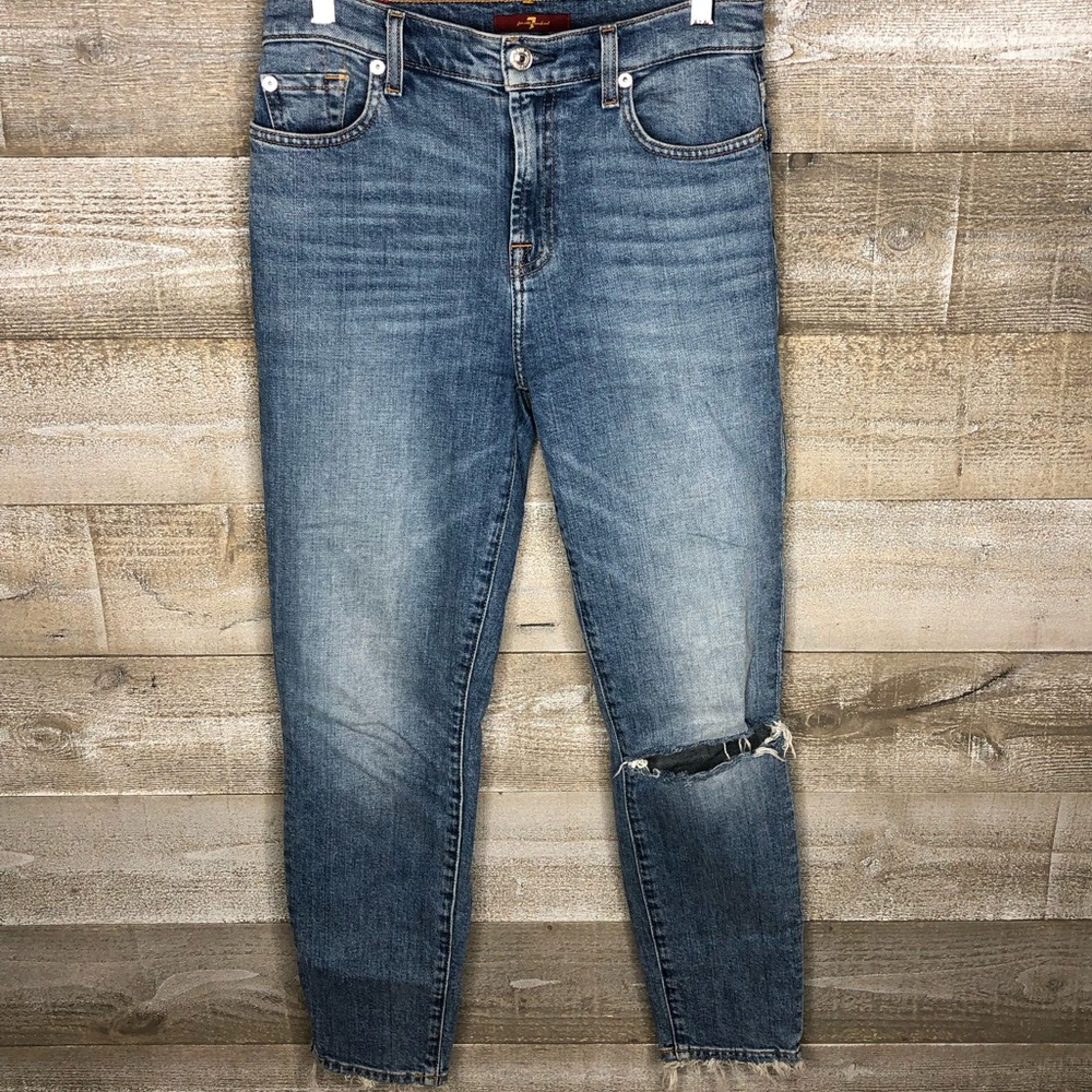 7 for all mankind skinny high waisted distress raw hem jeans size 26